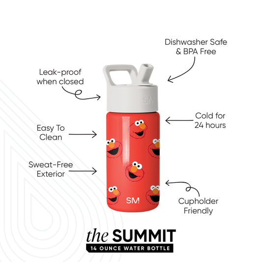Red 14-ounce Simple Modern Summit water bottle with Elmo pattern, white screw-top lid with carry loop. Features labeled: leak-proof, dishwasher safe, keeps drinks cold 24 hours, cupholde friendly, easy to clean, sweat-free