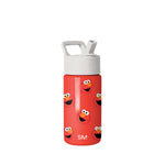 Red Simple Modern children's water bottle with repeating Elmo pattern, white cap with pop-up straw and carry handle, double-wall insulated design.