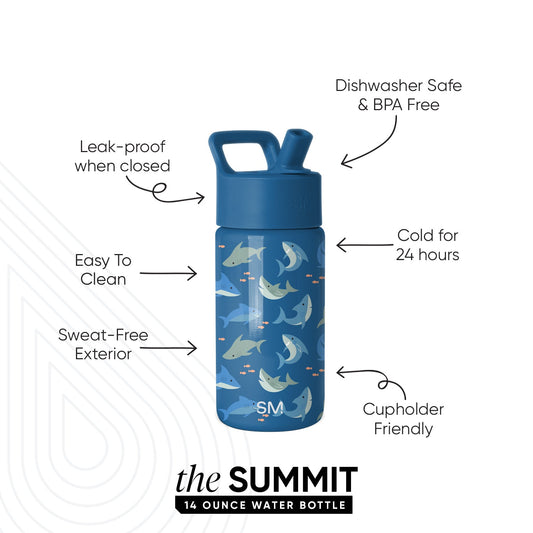 Simple Modern Summit 14-ounce water bottle with deep blue body featuring underwater shark and fish illustrations, navy cap with handle, labeled features including leak-proof, dishwasher safe, cold for 24 hours, sweat-free