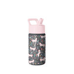 Simple Modern insulated water bottle with pale pink spout cap and charcoal body featuring colorful botanical and animal illustrations in blush, sage green, mustard, and coral tones.