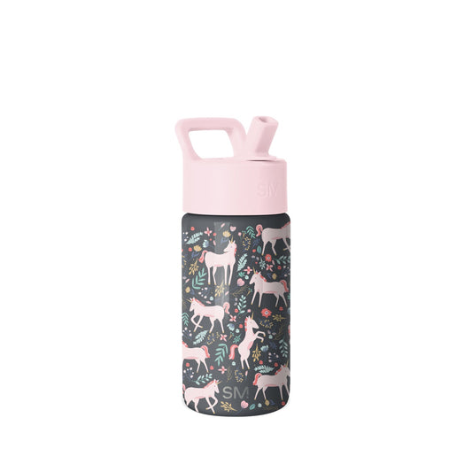 Simple Modern insulated water bottle with pale pink spout cap and charcoal body featuring colorful botanical and animal illustrations in blush, sage green, mustard, and coral tones.