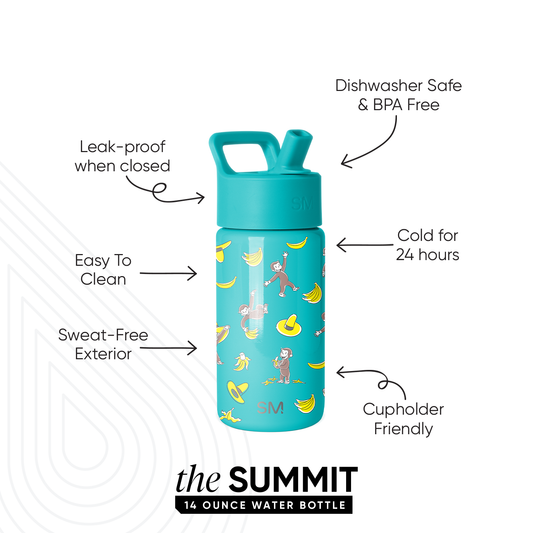 Turquoise Simple Modern Summit 14-ounce water bottle with yellow banana and pink monkey illustrations. Features leak-proof, dishwasher safe, cold for 24 hours, sweat-free exterior, and cupholder friendly design.