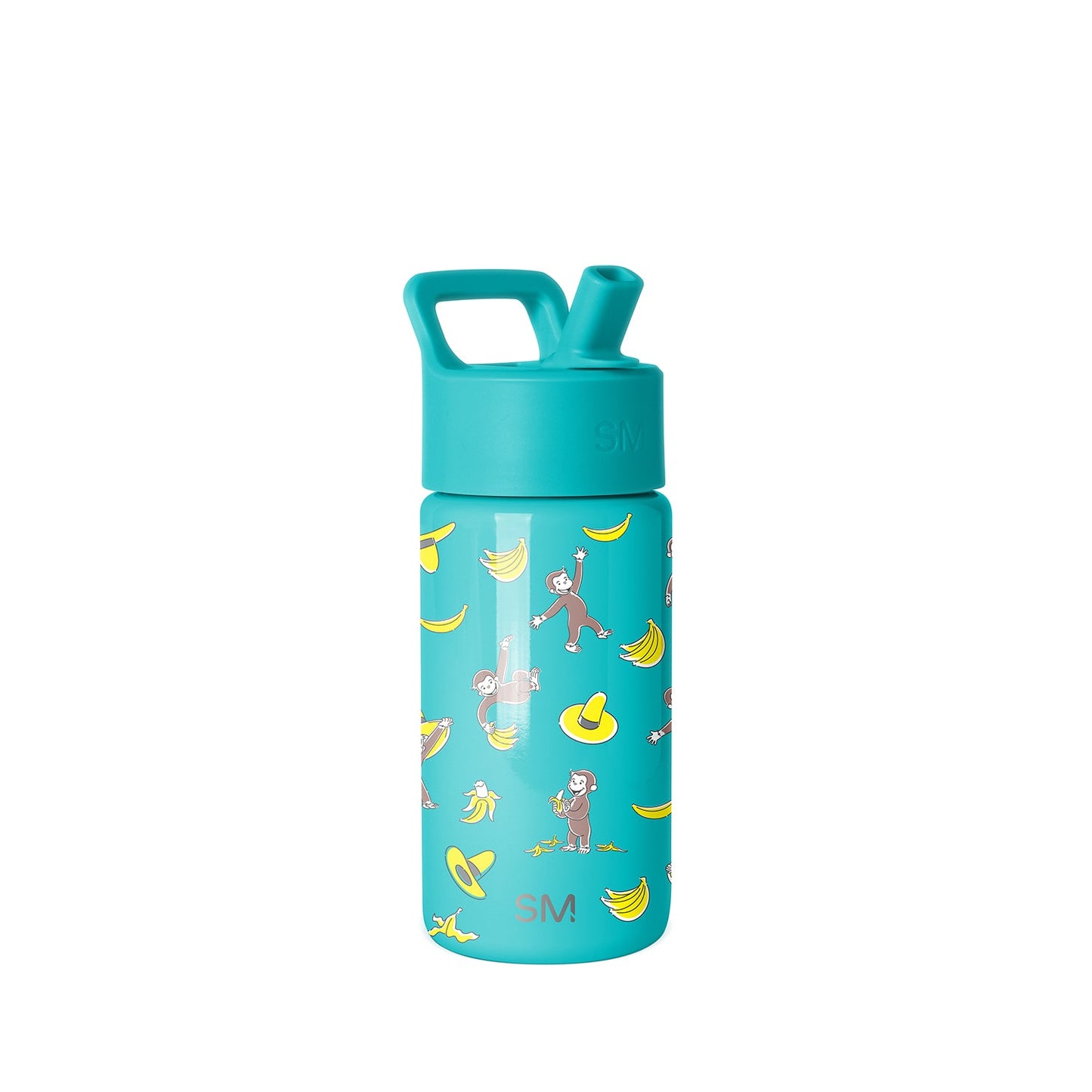 Simple Modern kids water bottle with turquoise base, monkey and banana design, yellow accents, integrated carry handle cap, white background.