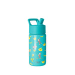 Simple Modern kids water bottle with turquoise base, monkey and banana design, yellow accents, integrated carry handle cap, white background.