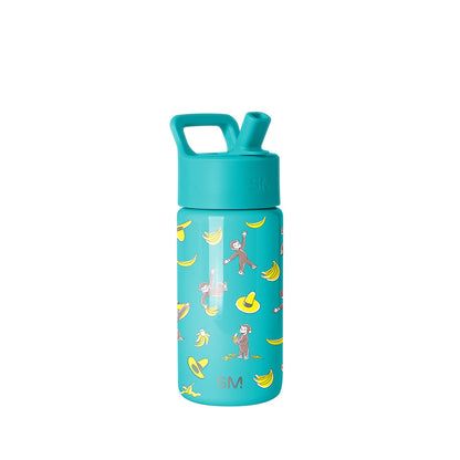 Simple Modern kids water bottle with turquoise base, monkey and banana design, yellow accents, integrated carry handle cap, white background.