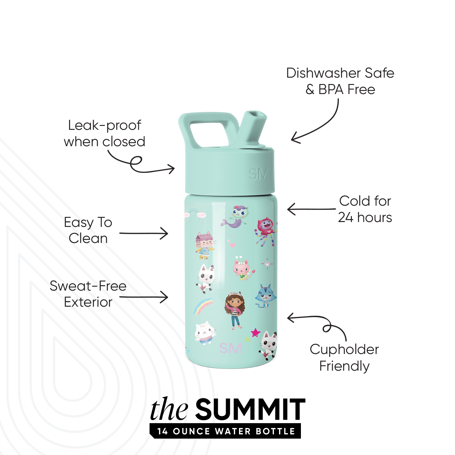 Mint green 14 ounce water bottle with whimsical children's illustrations, featuring leak-proof cap, ergonomic handle, and product callouts for cold retention, dishwasher safe, and cupholder friendly design.