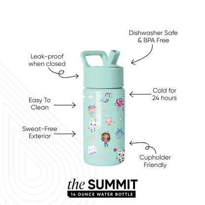 Mint green 14 ounce water bottle with whimsical children's illustrations, featuring leak-proof cap, ergonomic handle, and product callouts for cold retention, dishwasher safe, and cupholder friendly design.