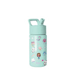 Mint green Simple Modern water bottle with twist-on cap and carry handle, featuring whimsical illustrated characters including cats, mermaid, rainbow, cupcakes, and stars in bright pink, purple, yellow, and blue accents on
