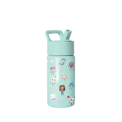 Mint green Simple Modern water bottle with twist-on cap and carry handle, featuring whimsical illustrated characters including cats, mermaid, rainbow, cupcakes, and stars in bright pink, purple, yellow, and blue accents on