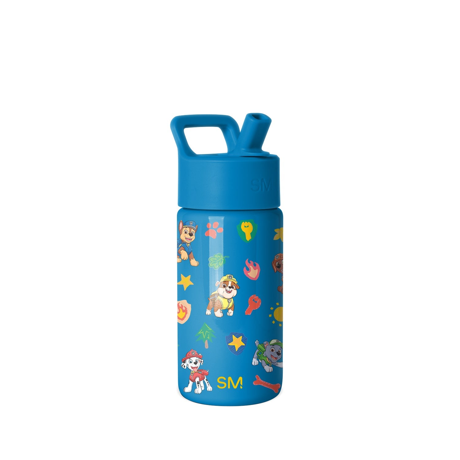 Bright blue Simple Modern children's water bottle with Paw Patrol characters, stars, bones, and flowers design. Features matching blue lid with straw handle and yellow SM logo.