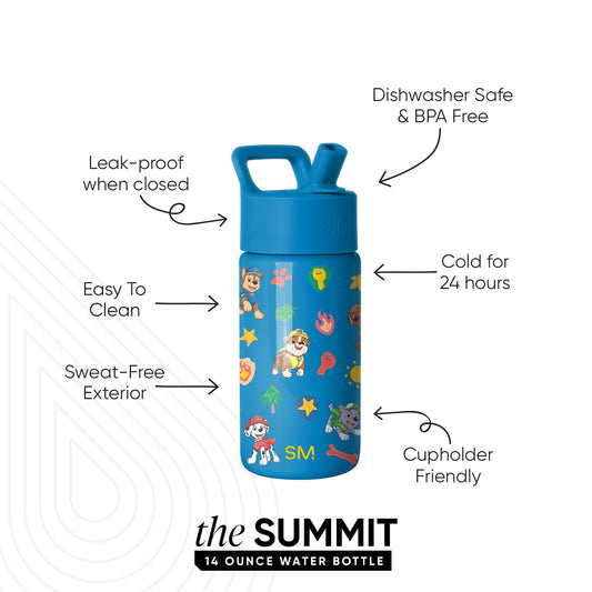 Simple Modern blue water bottle with Paw Patrol characters, labeled with features: leak-proof lid, dishwasher safe, keeps drinks cold 24 hours, cupeholder friendly, easy to clean, sweat-free exterior.