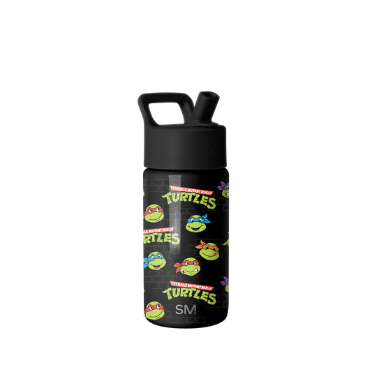 Simple Modern water bottle with Teenage Mutant Ninja Turtles character artwork featuring four turtle heads in red, blue, orange, and purple masks on black background with carrying handle and pop-top spout.