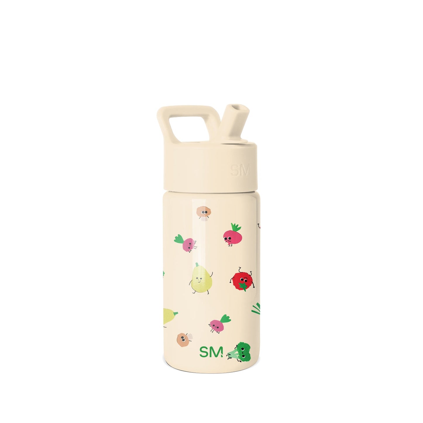 Cream-colored Simple Modern water bottle with colorful illustrated fruits and vegetables featuring smiling apple, pear, tomato, broccoli, and radish characters on white background.