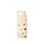 Cream-colored Simple Modern water bottle with colorful illustrated fruits and vegetables featuring smiling apple, pear, tomato, broccoli, and radish characters on white background.