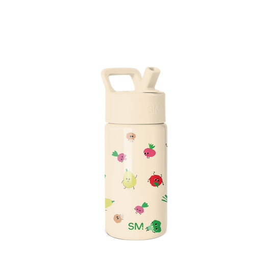 Cream-colored Simple Modern water bottle with colorful illustrated fruits and vegetables featuring smiling apple, pear, tomato, broccoli, and radish characters on white background.