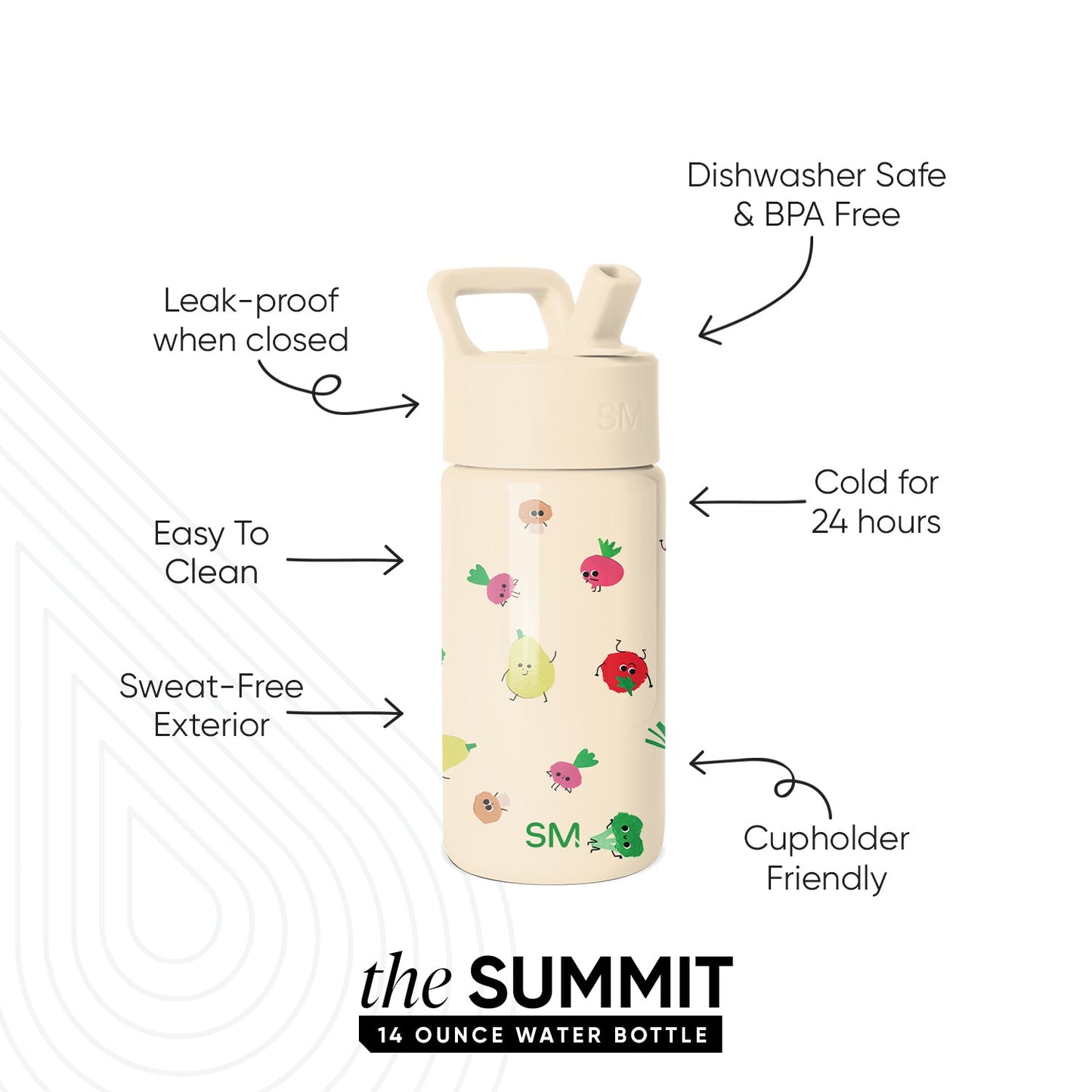 Simple Modern SUMMIT 14-ounce water bottle with cream exterior featuring cheerful vegetable character illustrations in red, pink, yellow, and green. Features leak-proof lid, dishwasher safe, cold 24 hours, sweat-free