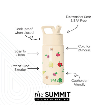 Simple Modern SUMMIT 14-ounce water bottle with cream exterior featuring cheerful vegetable character illustrations in red, pink, yellow, and green. Features leak-proof lid, dishwasher safe, cold 24 hours, sweat-free