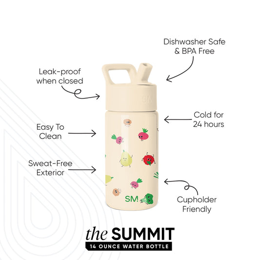 Simple Modern SUMMIT 14-ounce water bottle with cream exterior featuring cheerful vegetable character illustrations in red, pink, yellow, and green. Features leak-proof lid, dishwasher safe, cold 24 hours, sweat-free