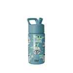 Teal-blue Simple Modern water bottle with screw-on lid and carrying loop, featuring repeating Grogu character illustrations in pale green and cream with sparkle motifs on white background.