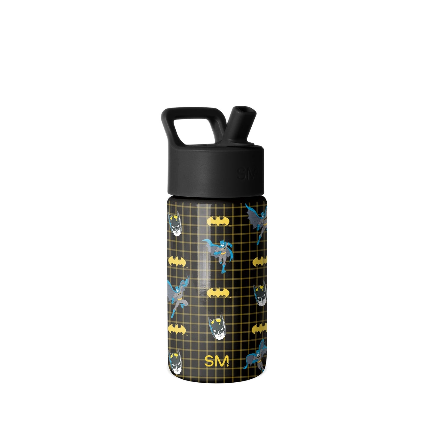 Black Simple Modern water bottle with Batman graphic design featuring yellow plaid pattern, Batman logos, and character illustrations. Includes pop-top flip-lock lid and carry handle.