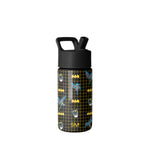 Black Simple Modern water bottle with Batman graphic design featuring yellow plaid pattern, Batman logos, and character illustrations. Includes pop-top flip-lock lid and carry handle.
