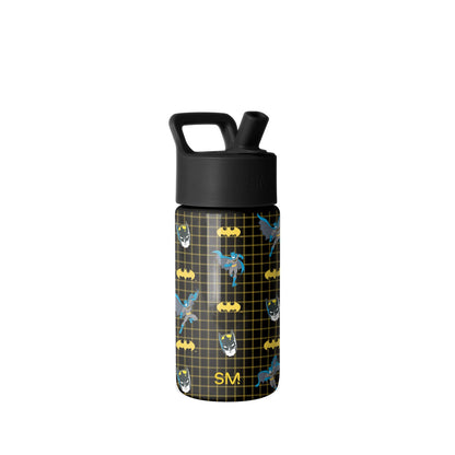 Black Simple Modern water bottle with Batman graphic design featuring yellow plaid pattern, Batman logos, and character illustrations. Includes pop-top flip-lock lid and carry handle.