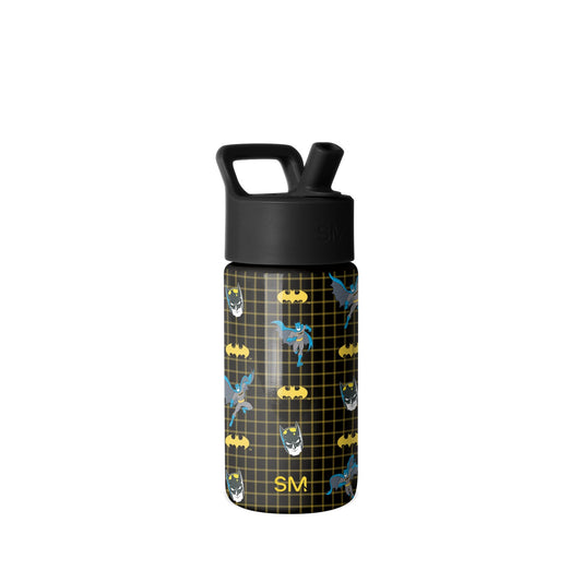 Black Simple Modern water bottle with Batman graphic design featuring yellow plaid pattern, Batman logos, and character illustrations. Includes pop-top flip-lock lid and carry handle.