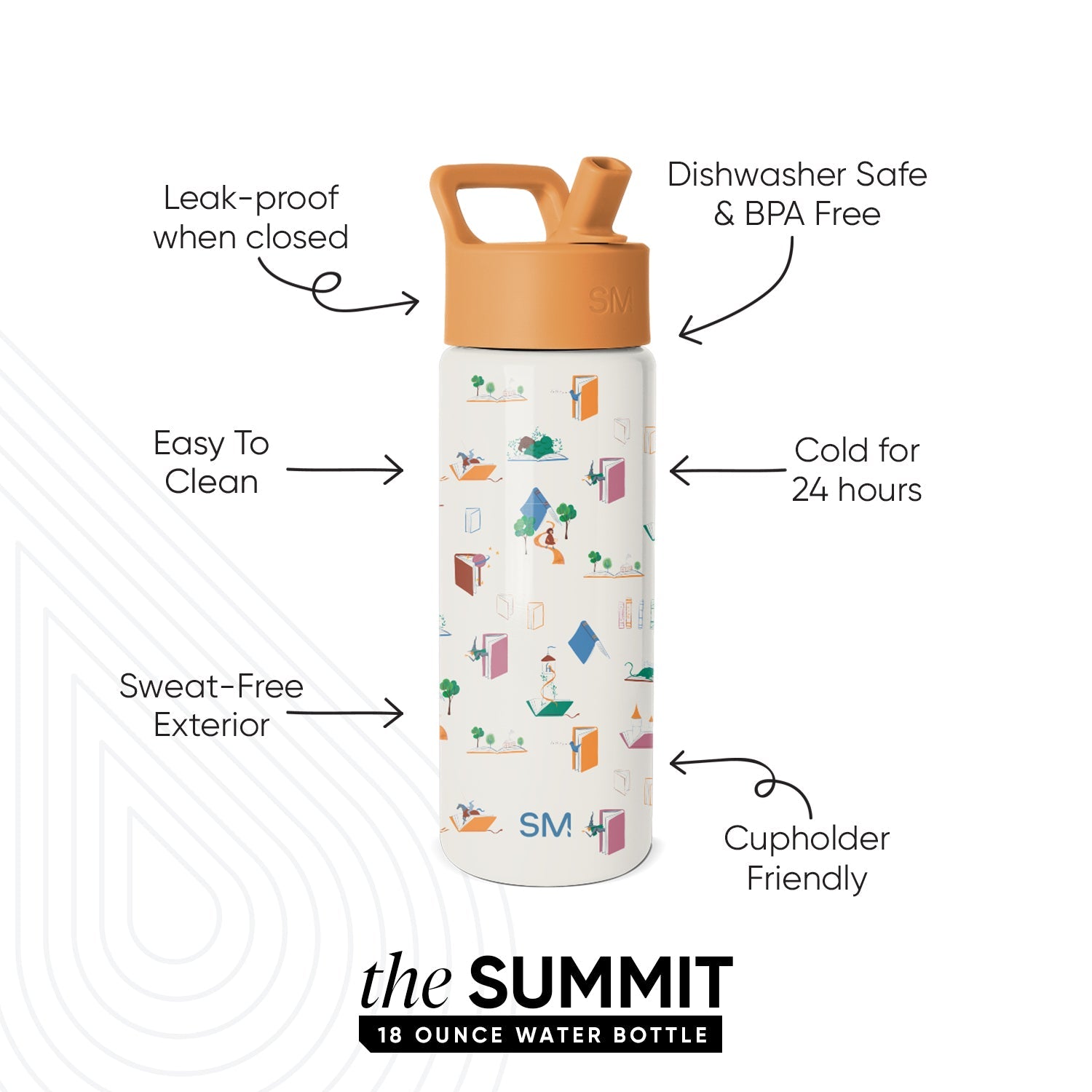 Simple Modern Summit 18 ounce water bottle in cream with caramel lid, featuring colorful lifestyle illustrations, labeled callouts highlighting leak-proof, dishwasher safe, 24-hour cold retention, cupholder friendly,