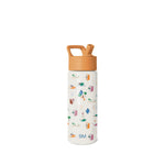 Simple Modern water bottle with cream base, tan cap, and colorful illustrated pattern featuring reading and outdoor activity icons in green, teal, coral, burgundy, and pink. Removable straw included.