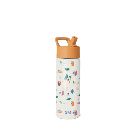 Simple Modern water bottle with cream base, tan cap, and colorful illustrated pattern featuring reading and outdoor activity icons in green, teal, coral, burgundy, and pink. Removable straw included.