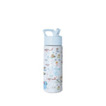Light blue insulated water bottle with white middle band featuring fairy and fantasy illustrations in soft pastels, flip-top spout, carry handle, and SM logo on cap and band.