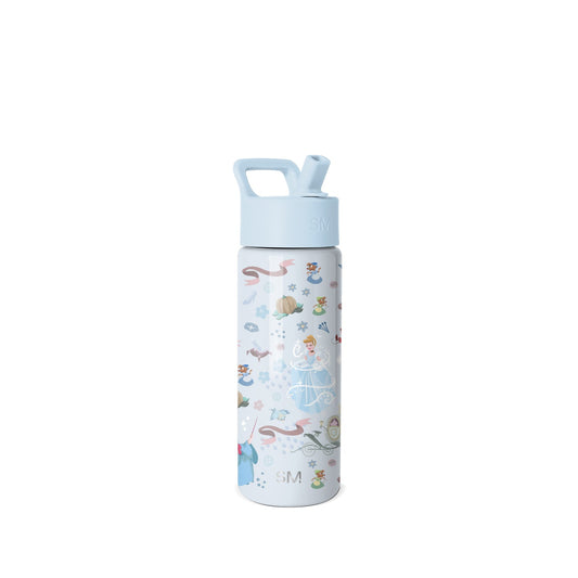Light blue insulated water bottle with white middle band featuring fairy and fantasy illustrations in soft pastels, flip-top spout, carry handle, and SM logo on cap and band.