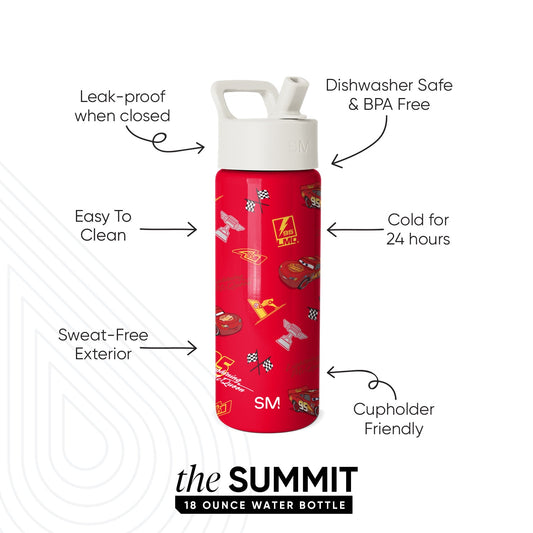 Red 18-ounce water bottle by Simple Modern called "the SUMMIT" with white lid and handle, featuring colorful character graphics. Callout labels highlight features: leak-proof, dishwasher safe, keeps drinks cold 24 hours,
