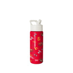 Simple Modern water bottle with bright red body, white cap and handle, featuring Cars movie characters including Lightning McQueen, number 95, checkered flags, and racing graphics on white background.