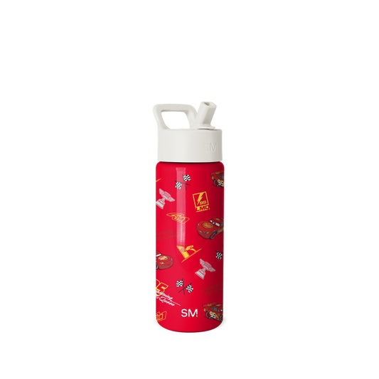 Simple Modern water bottle with bright red body, white cap and handle, featuring Cars movie characters including Lightning McQueen, number 95, checkered flags, and racing graphics on white background.