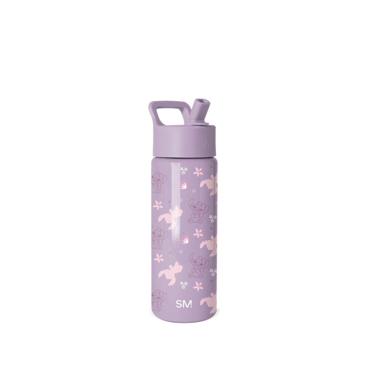 Dusty purple water bottle with carry handle and screw-top cap featuring cartoon bears, stars, and snowflakes. SM branding visible on lid and body.