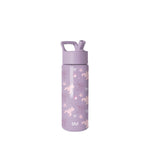 Dusty purple water bottle with carry handle and screw-top cap featuring cartoon bears, stars, and snowflakes. SM branding visible on lid and body.