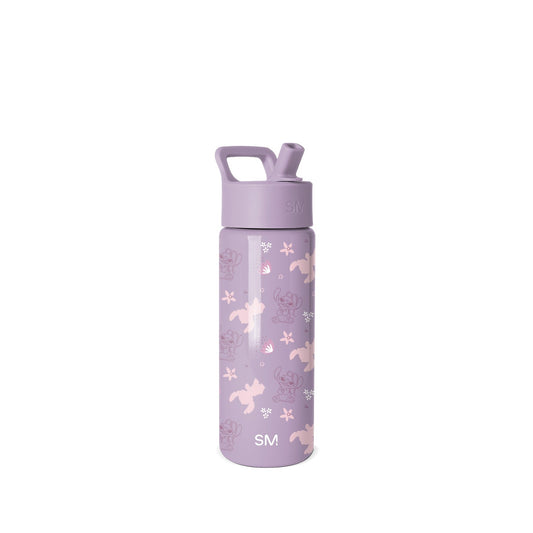 Dusty purple water bottle with carry handle and screw-top cap featuring cartoon bears, stars, and snowflakes. SM branding visible on lid and body.