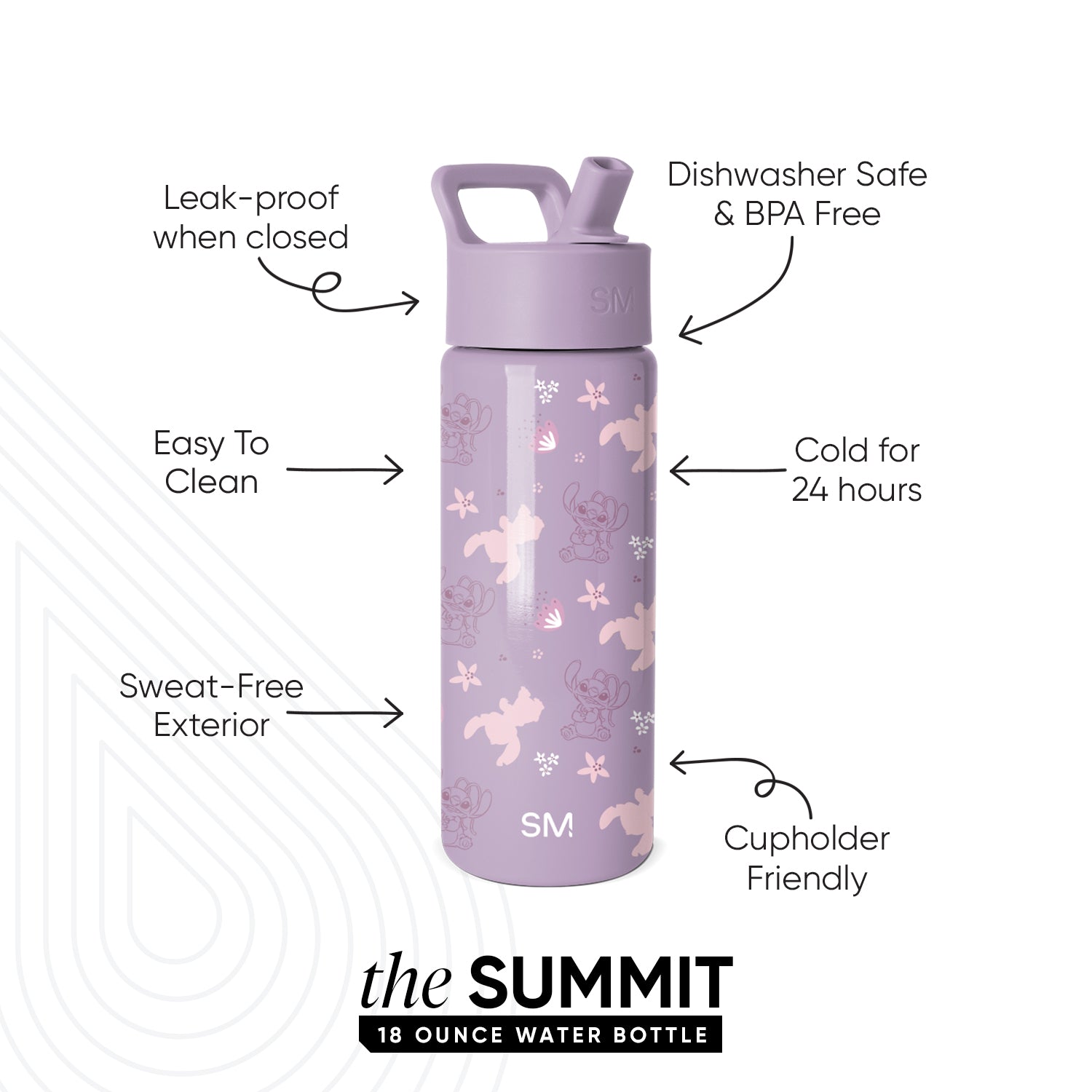 Simple Modern Summit 18 oz water bottle in mauve purple with woodland and celestial pattern. Features leak-proof design, dishwasher safe, keeps drinks cold 24 hours, cupholder friendly, and sweat-free exterior.