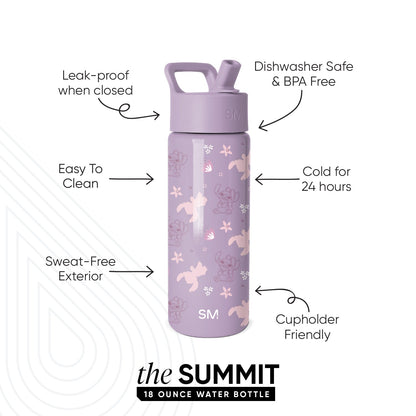 Simple Modern Summit 18 oz water bottle in mauve purple with woodland and celestial pattern. Features leak-proof design, dishwasher safe, keeps drinks cold 24 hours, cupholder friendly, and sweat-free exterior.