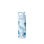 Pale blue stainless steel water bottle with flip-top cap and carrying handle, decorated with cartoon blue birds and pink feather designs. Simple Modern logo visible on bottle and cap.