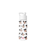White Simple Modern water bottle with straw cap and handle, featuring repeating vintage Mickey Mouse character faces in black and peach tones. Product photo on neutral background.