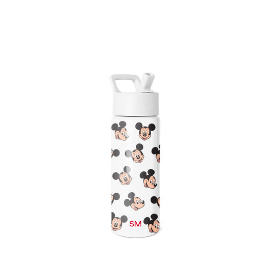 White Simple Modern water bottle with straw cap and handle, featuring repeating vintage Mickey Mouse character faces in black and peach tones. Product photo on neutral background.