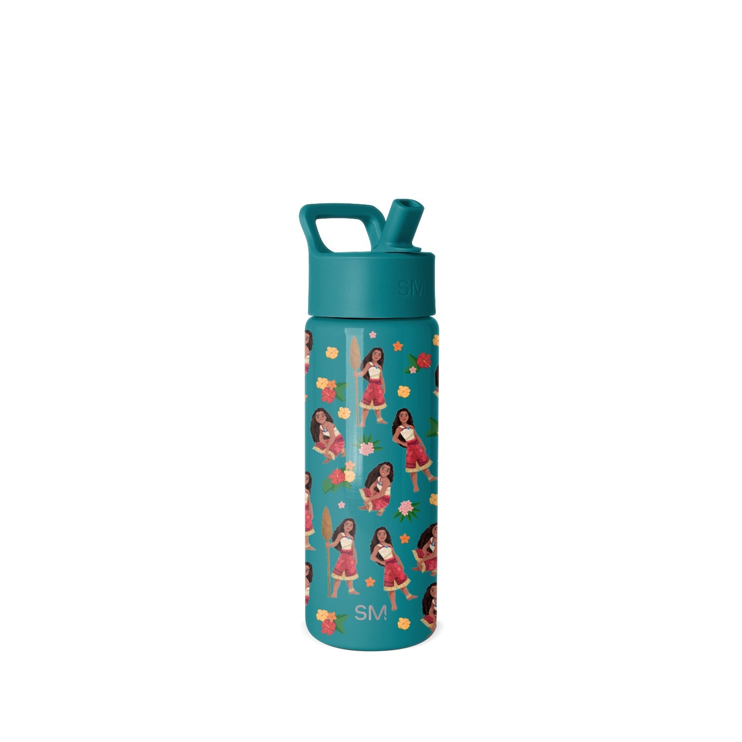 Teal 18-ounce Simple Modern water bottle with illustrated design featuring diverse cartoon girls in colorful outfits, flowers, palm leaves, and golden stars on white background.