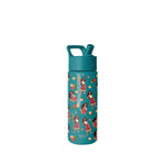 Teal 18-ounce Simple Modern water bottle with illustrated design featuring diverse cartoon girls in colorful outfits, flowers, palm leaves, and golden stars on white background.