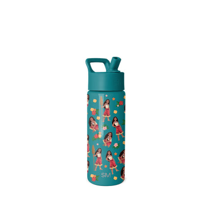 Teal 18-ounce Simple Modern water bottle with illustrated design featuring diverse cartoon girls in colorful outfits, flowers, palm leaves, and golden stars on white background.