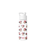 White 18oz Simple Modern water bottle with Minnie Mouse character pattern, red text branding, white pop-top lid with carry handle, isolated on neutral background.