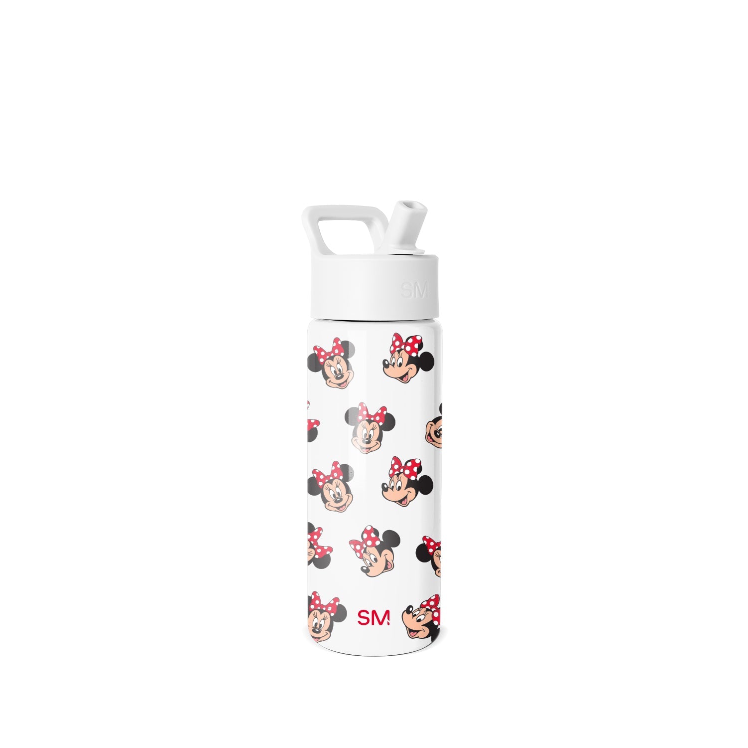 White 18oz Simple Modern water bottle with Minnie Mouse character pattern, red text branding, white pop-top lid with carry handle, isolated on neutral background.