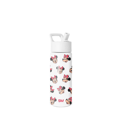 White 18oz Simple Modern water bottle with Minnie Mouse character pattern, red text branding, white pop-top lid with carry handle, isolated on neutral background.