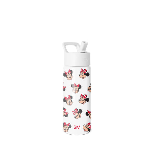 White 18oz Simple Modern water bottle with Minnie Mouse character pattern, red text branding, white pop-top lid with carry handle, isolated on neutral background.